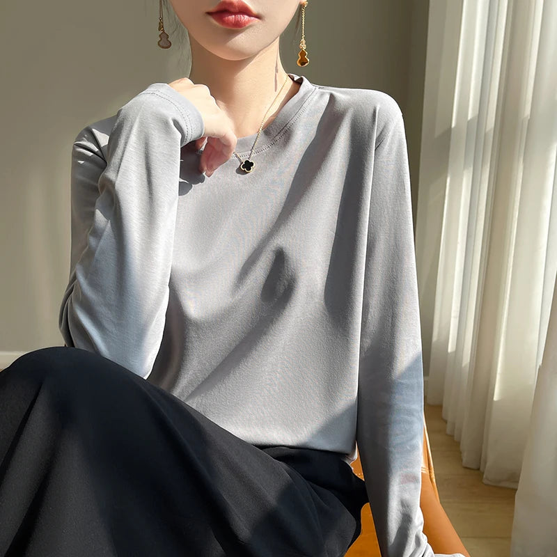 100 Cotton Womens Long-Sleeved Round Neck T-Shirt - Loose Bottoming Top for Spring Autumn