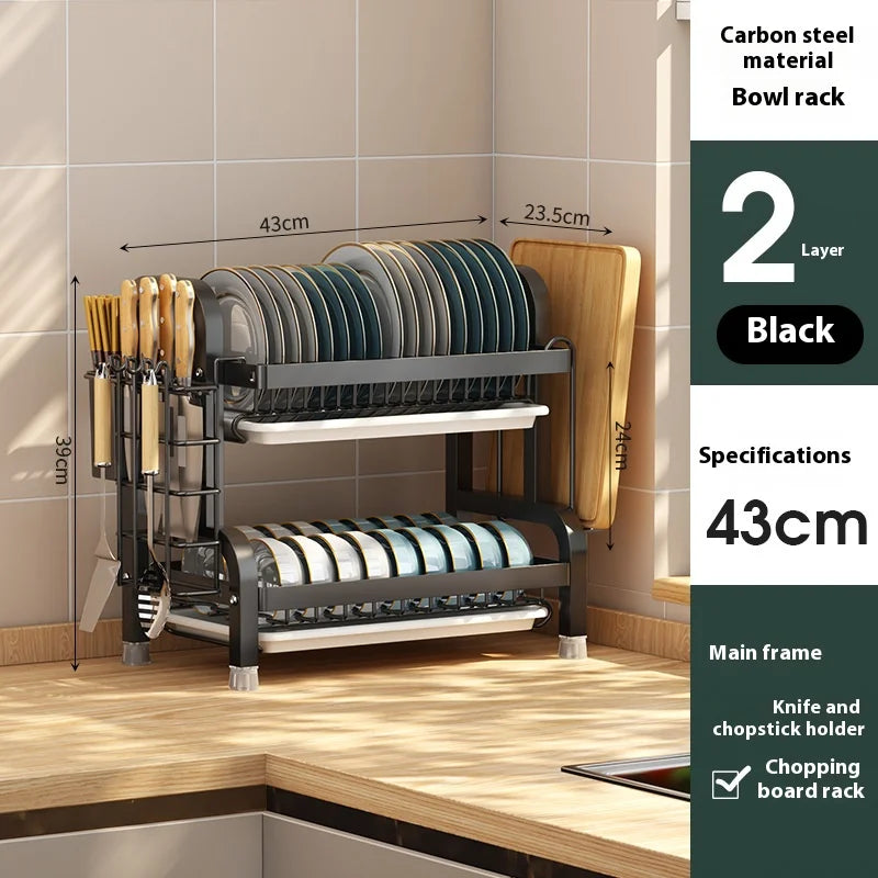 Kitchen Storage Rack - Multifunctional Two Tier Carbon Steel Bowl Organizer