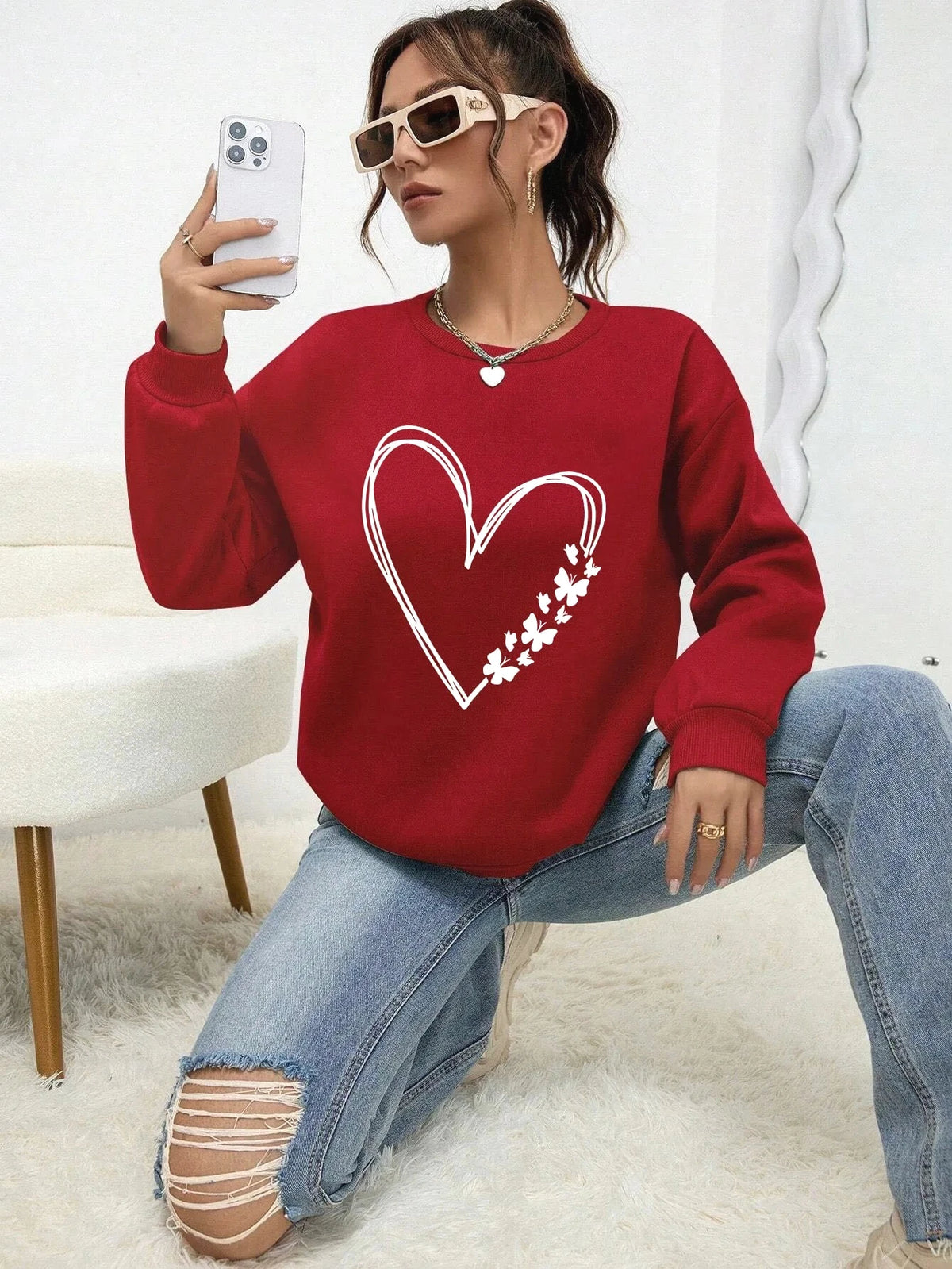 The Great Love At The Edge of Butterflies Design Print Sweatshirt Women Fleece Crewneck Autumn Pullover Soft Sportswear Clothing