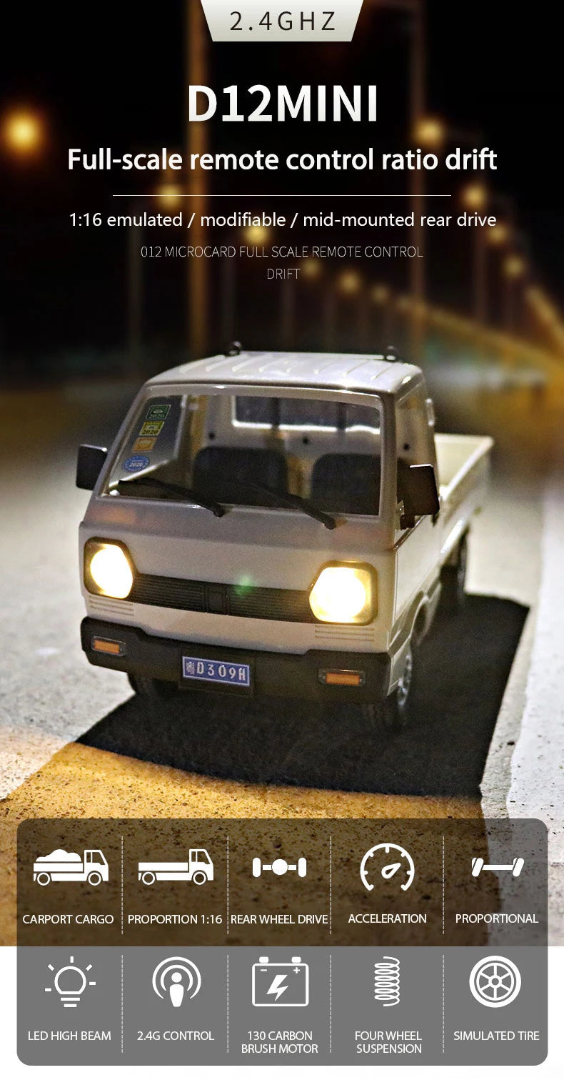 WPL D12 RC Car - 110 Drift Climb Truck with LED Lights for Kids - ZOOMNSTORE