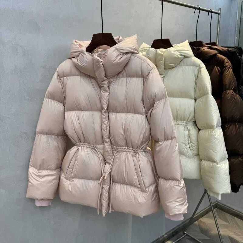 Winter Fashion Hooded Cotton Coat for Women 2025 Slim Fit Padded Jacket with Belted Waist Casual Thick Warm Outerwear Trendy Sim
