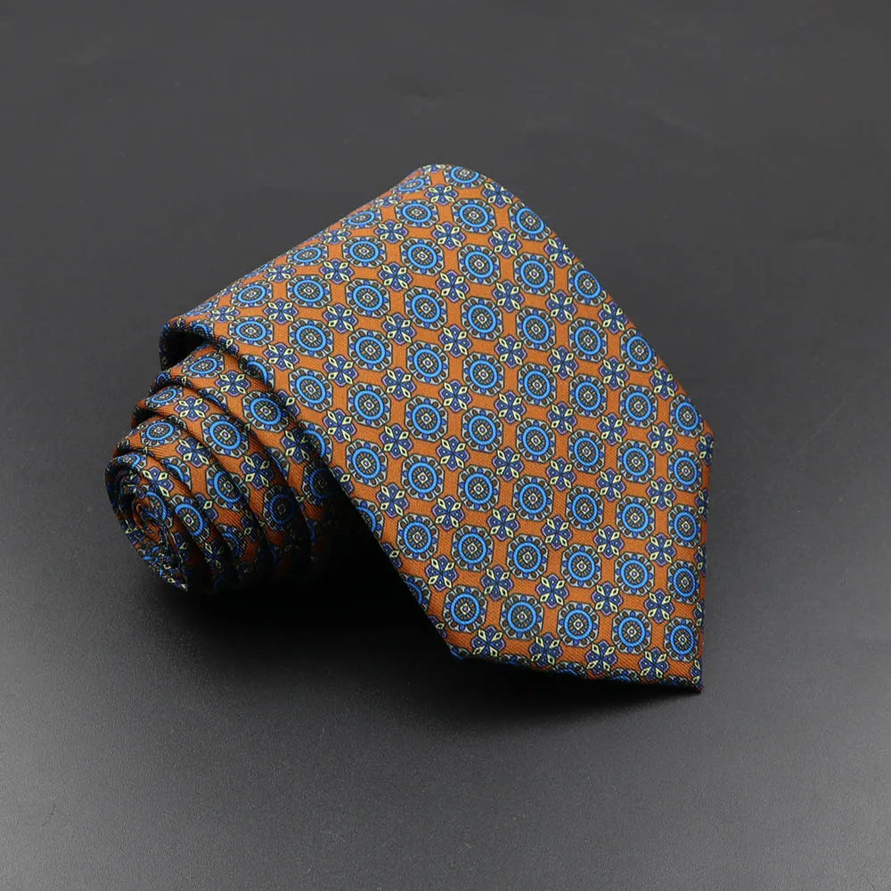 Mens Silk Tie - 75cm Soft Novelty Necktie in Blue Green Orange Floral Pattern