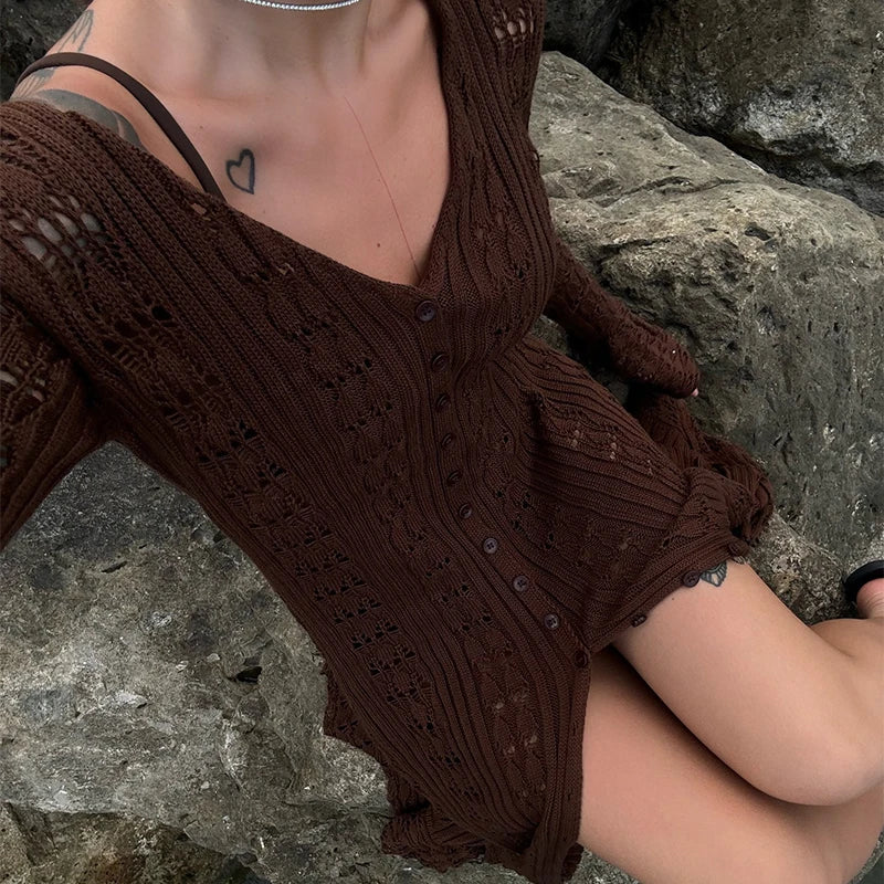 Deep V Neck Long Cardigan Dress - Elegant Hollow Knit Cover Up for Women