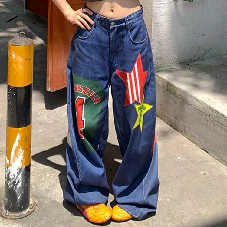 American Style Jeans Big Size Heavy Sticker Fabric Wide Leg Mopping High Waisted Jeans Men and Women Trendy Hip Hop Gothic Pants