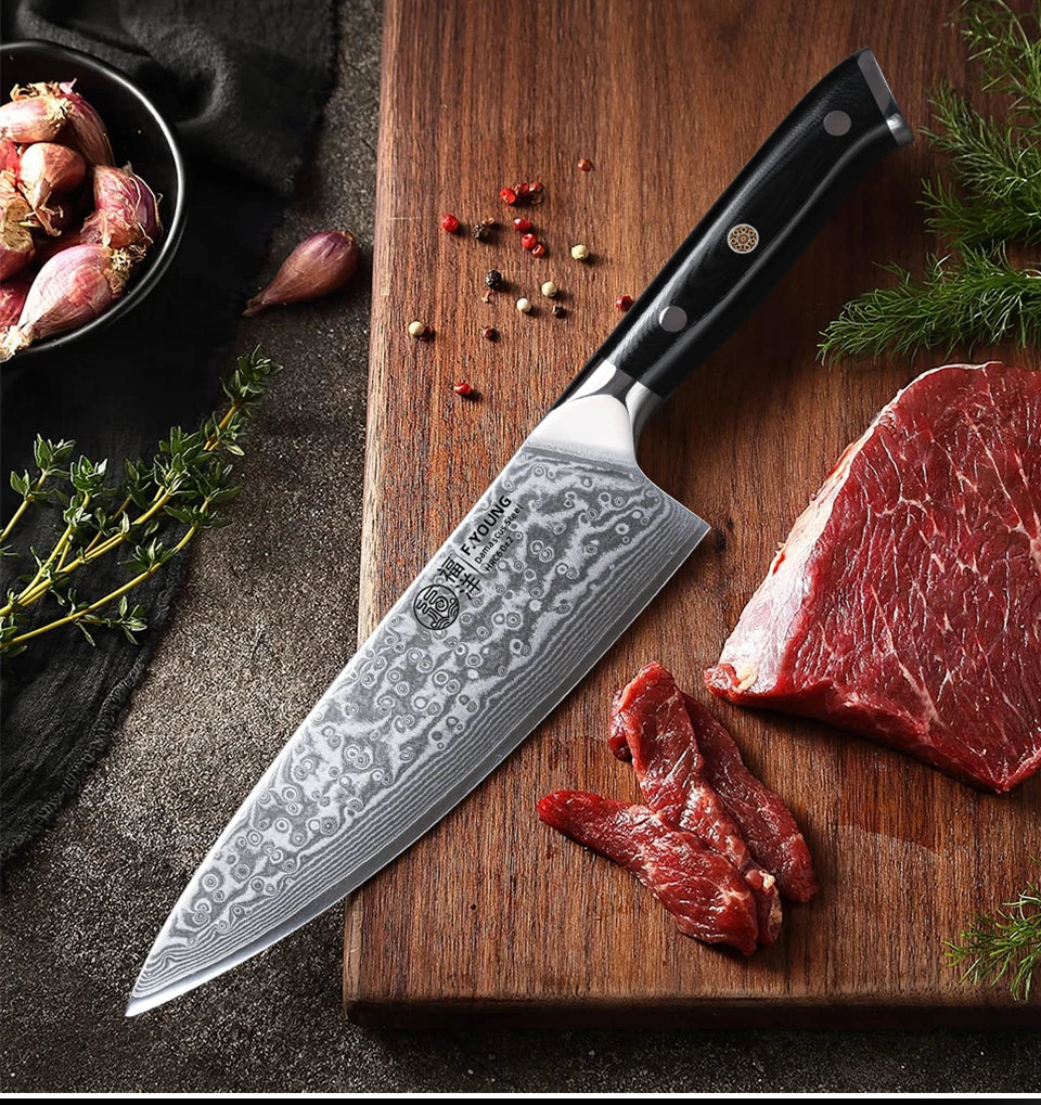 FYOUNG 8-Inch Damascus Chefs Knife - VG10 Super Sharp Kitchen Knife