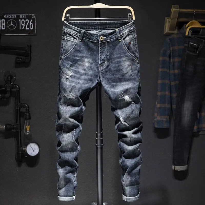 Mens Ripped Slim-Fit Denim Jeans - American Korean Style Cotton Pants