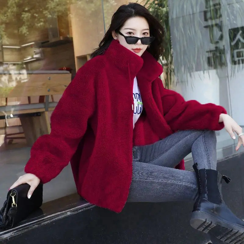 Women Winter Coat - Coral Fleece Jacket With Plush Stand Collar & Zipper Closure
