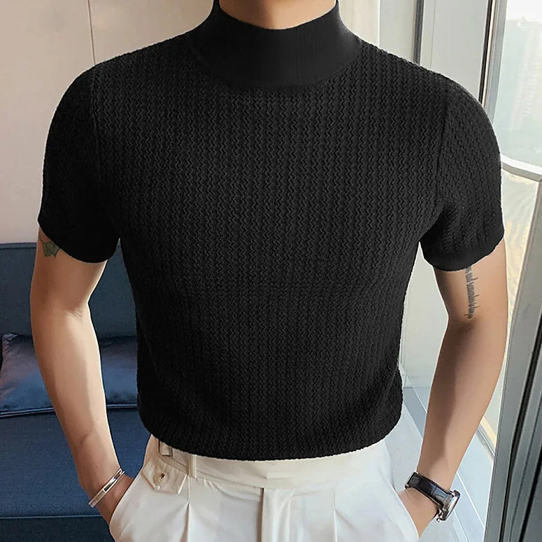 Men's High Neck T-Shirt – Casual Summer Knitted Base Tee | Breathable Polyester Top