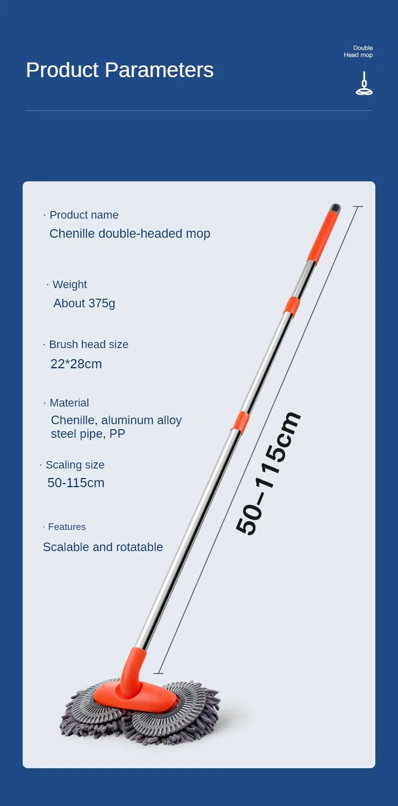 Telescopic Car Cleaning Mop - Chenille Double Brush Head for Roof Window