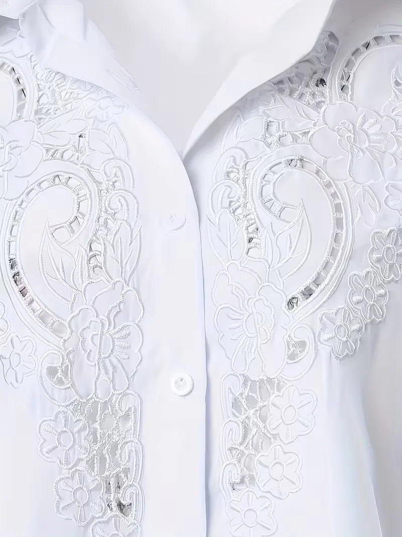 Plus Size Solid Long Sleeve Shirt, Elegant Embroidery Hollow-out Blouse for Commute Vacation