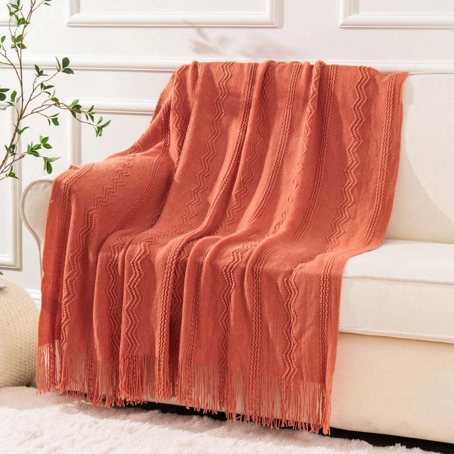 Caramel Knit Throw Blanket - Lightweight Plaid Blanket for Couch and Bed