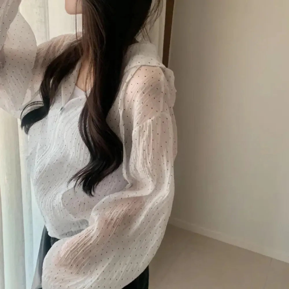 Casual Polka Dot Sun Protection Jacket Loose Fit Thin Hooded Jacket Breathable Long Bubble Sleeve Quick Dry Jacket