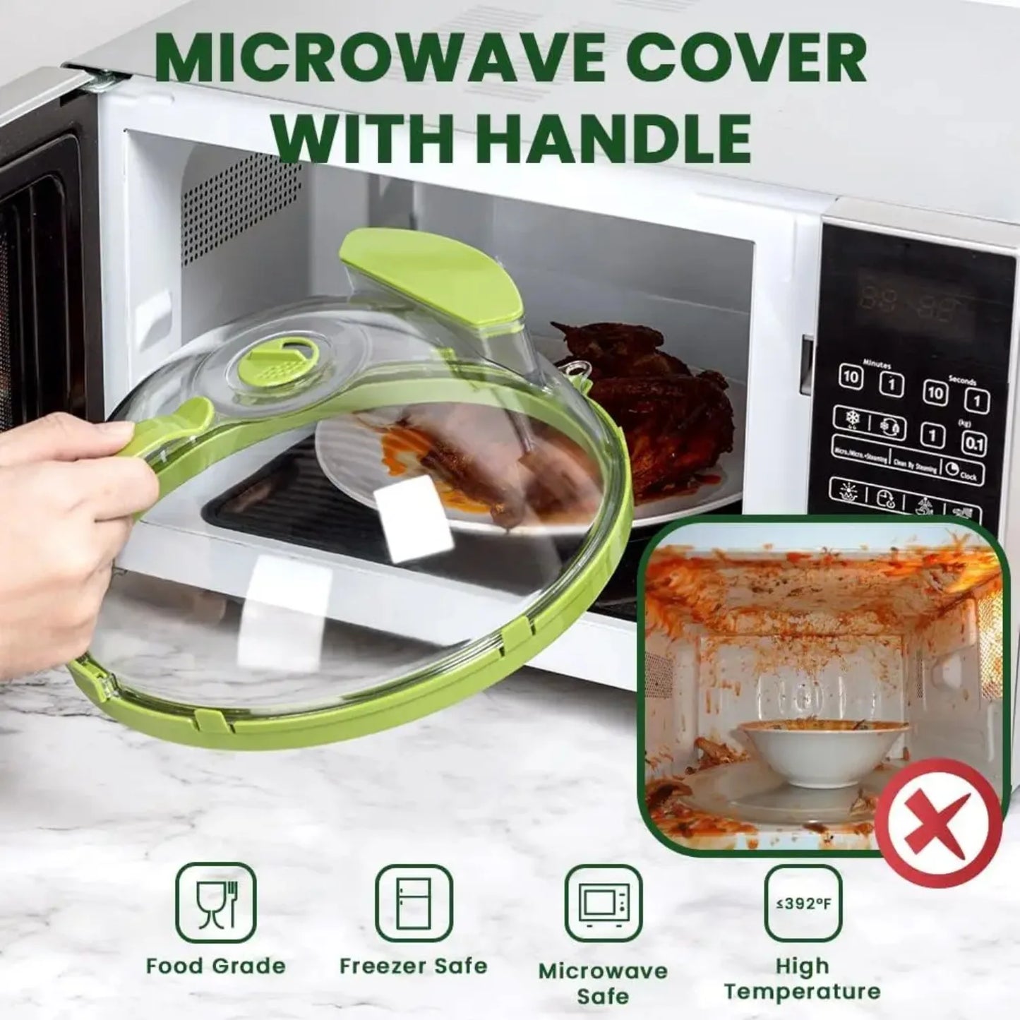 Microwave Food Cover - Clear Splatter Guard with Steamer and Handle for 10 Inch Plates