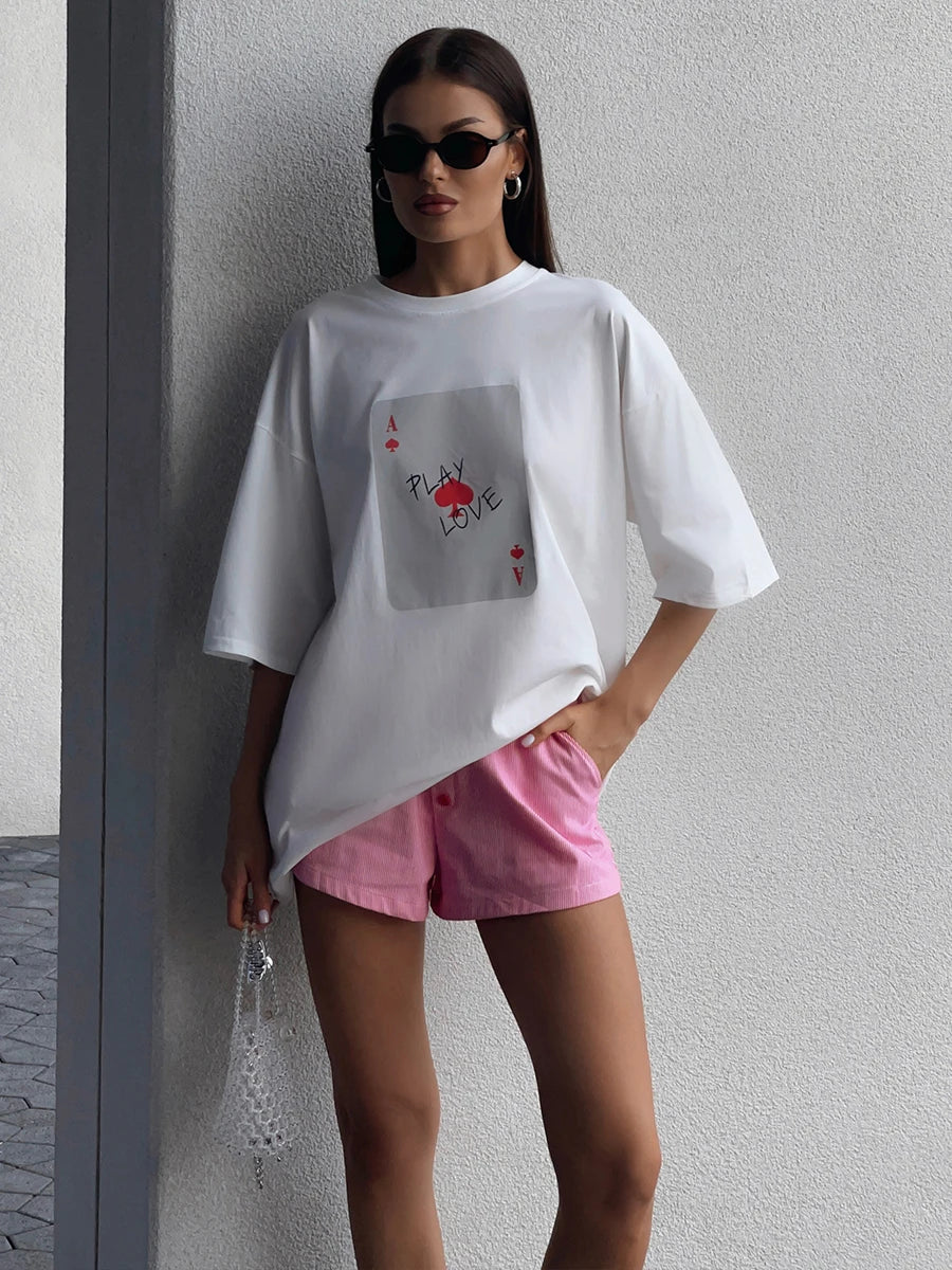 Bornladies Womens Cotton Poker Card T-Shirt - Casual O-Neck Short Sleeve Top