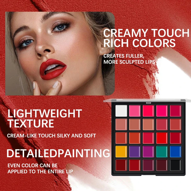 25-Color Matte Lip Palette – Highly Pigmented, Smooth & Blendable, 2-in-1 for Lips & Cheeks, Compact Makeup Palette, Long-Wear