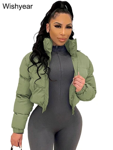 Winter Thick Warm Cotton Down Jacket Women Clothing Gray Zipper Short Puffer Parkas Coats Outwear Female Crop Tops Streetwear