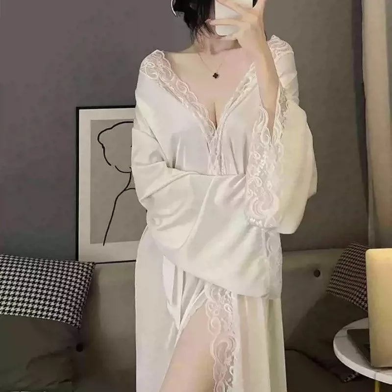 1 Piece Women's Ice Silk Satin Glossy Robe Pajamas Plus Size Nightgown Elegant Lace Homewear Fashion Casual Loungewear