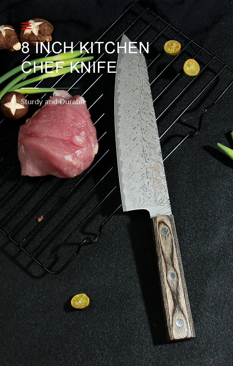 Damascus Chef Knife - Japanese Santoku Slicing Knife with Solid Wood Handle