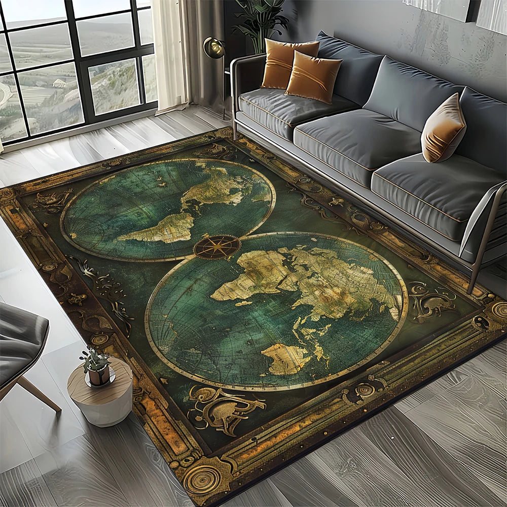 Nautical Map Rug – Retro Marine Compass Carpet | Non Slip Floor Mat for Living Room