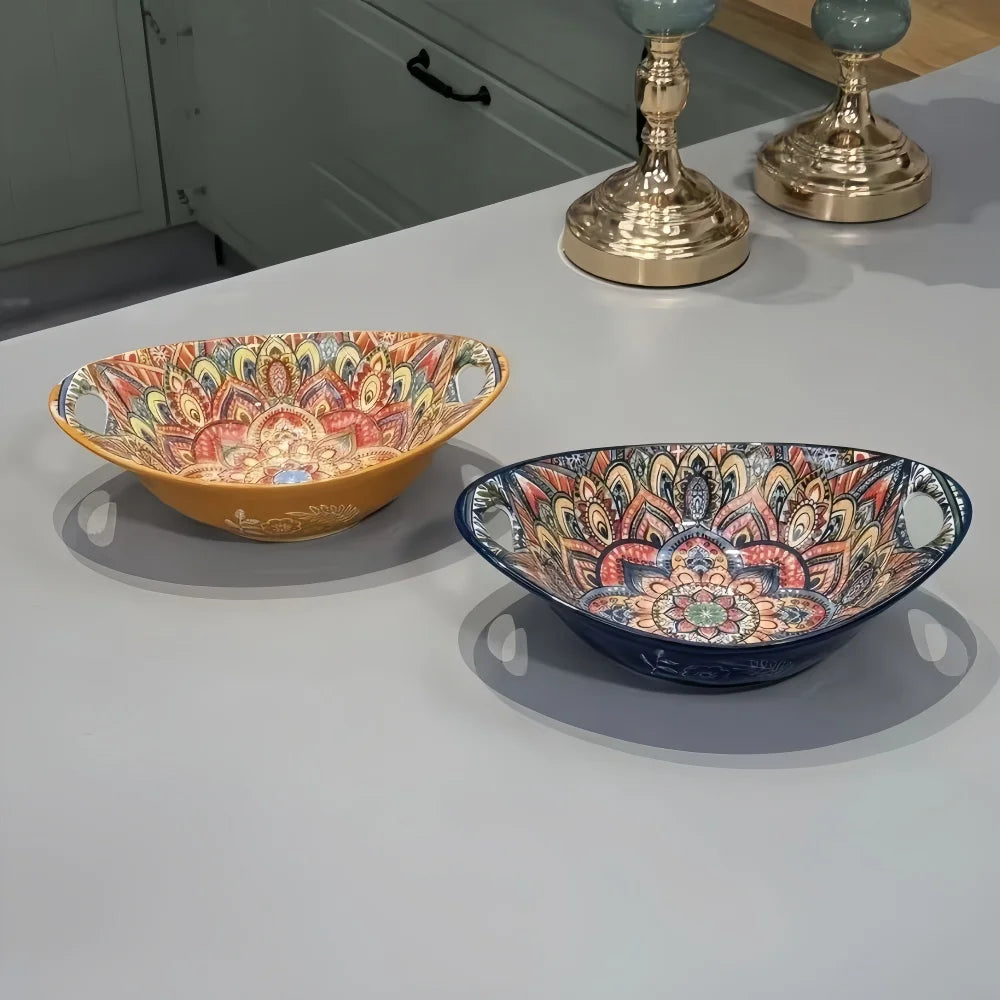 Bohemian Ceramic Salad Bowl Set - Microwave Safe Stackable Oval Plates with Handle 2PCS