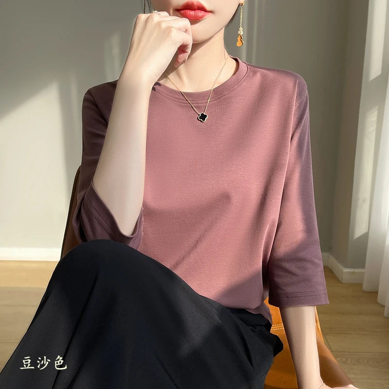 Cropped Mercerized Cotton T-Shirt - 100 Cotton Short Sleeve for Spring Summer 2023