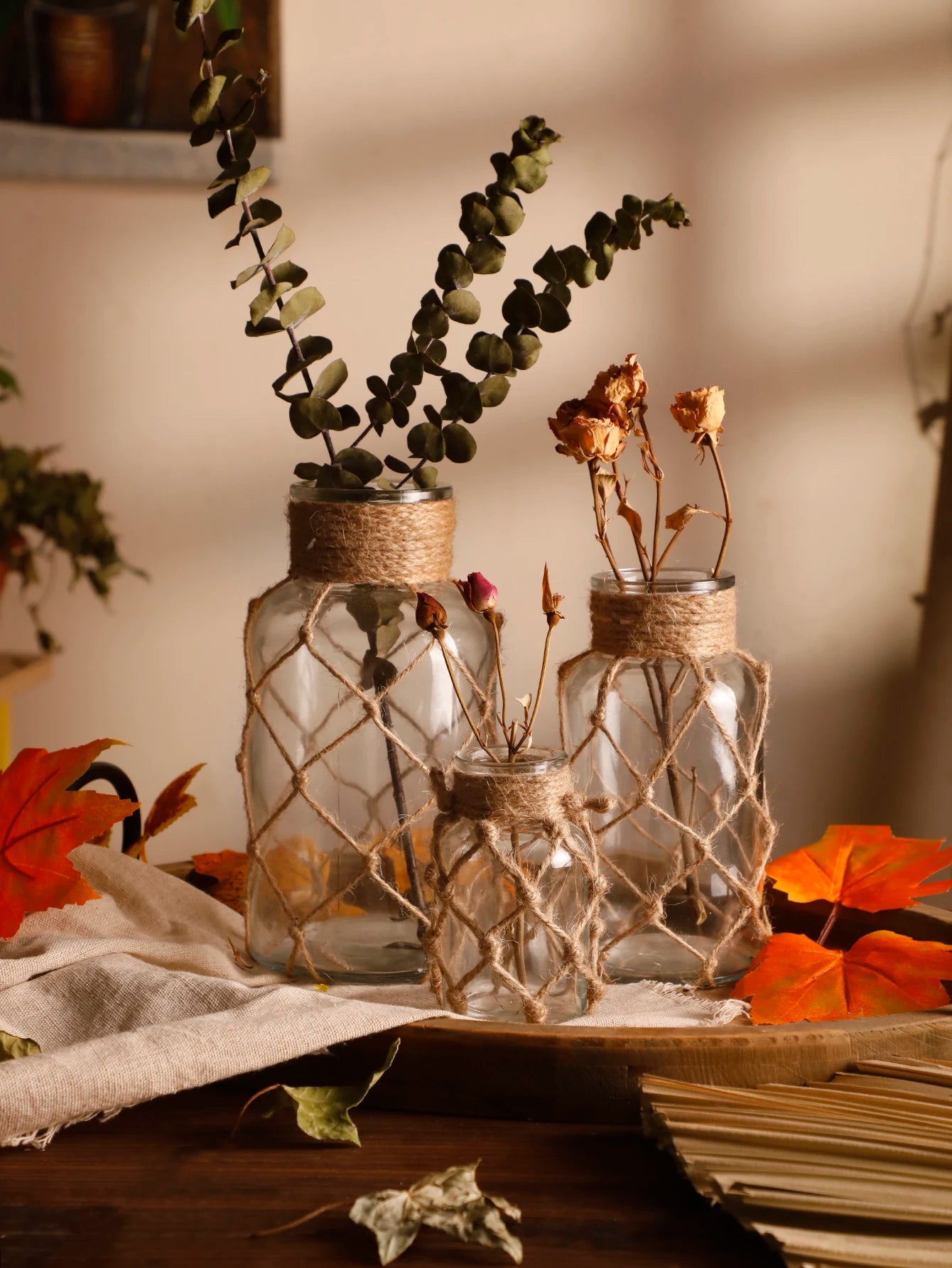 Hand Woven Hemp Rope Glass Vase - Boho Nordic Dry Flower Decor