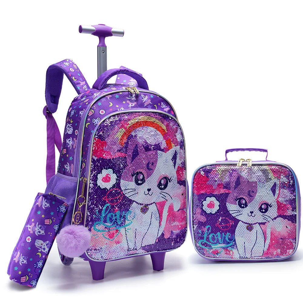 Rolling Backpack Set for Girls - Cute Cartoon Cat Wheeled Bookbag with Lunch Box Pen Bag - ZOOMNSTORE