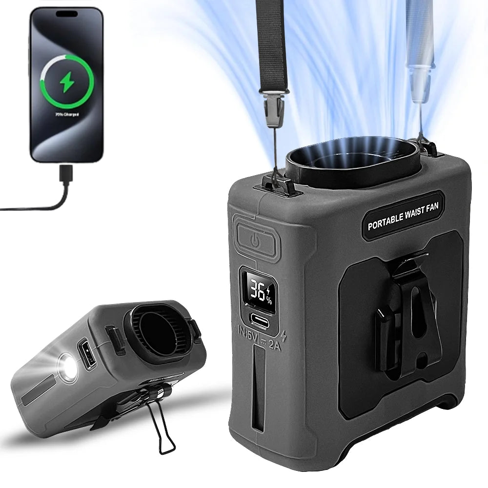 Portable Waist Fan Clip On,10000mAh Rechargeable Wearable Shirt Fan with Light,5 Speeds Belt Fans Cooling Fans for Outdoor
