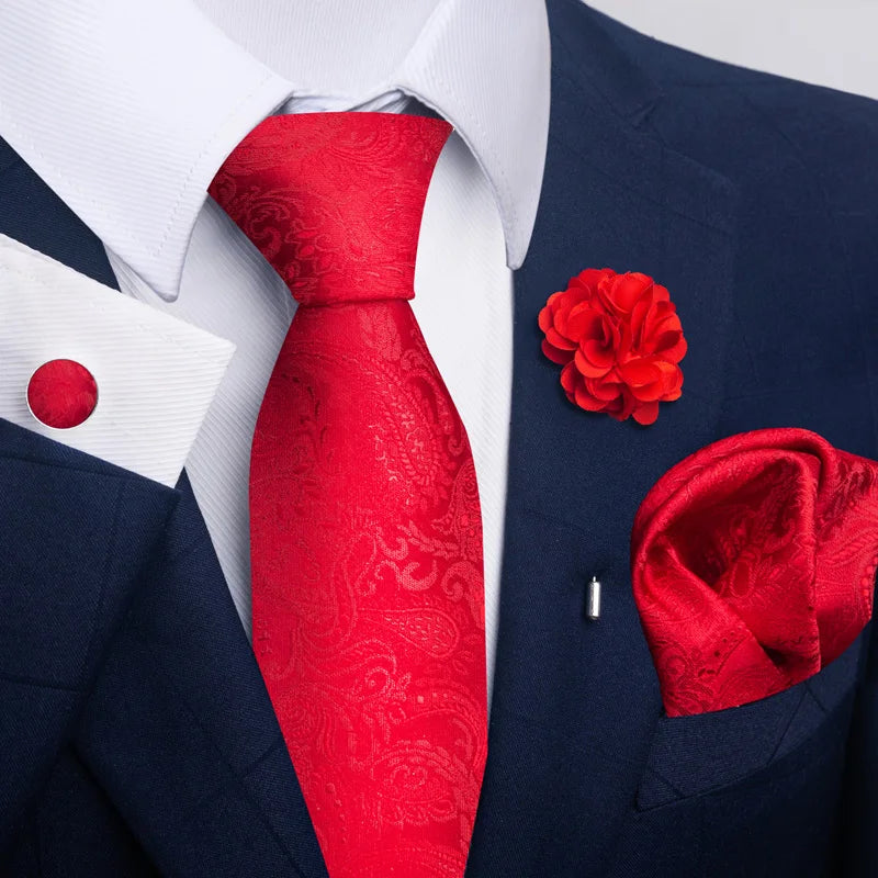 Luxury Mens Floral Black Gold Tie Set - Paisley Necktie Pocket Square Cufflinks Brooch for Weddings and Parties