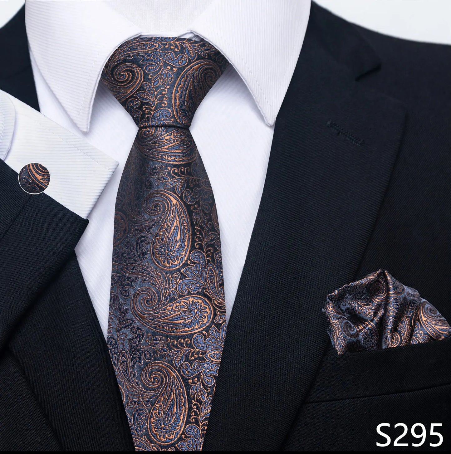Mens Blue Gold Tie Pocket Square Set - Wedding Party Accessories