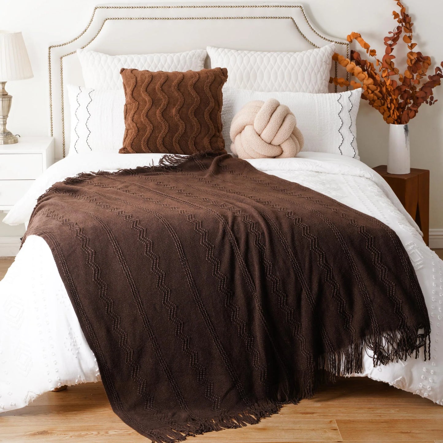 Caramel Knit Throw Blanket - Lightweight Plaid Blanket for Couch and Bed