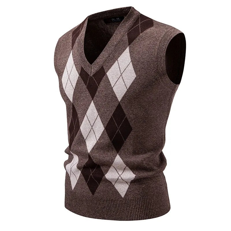 New Mens Argyle Knitwear Vest V Neck Sleeveless Casual Slim Fit Pullover Knitted Sweater Outdoor Streetwear Casual Tank Tops