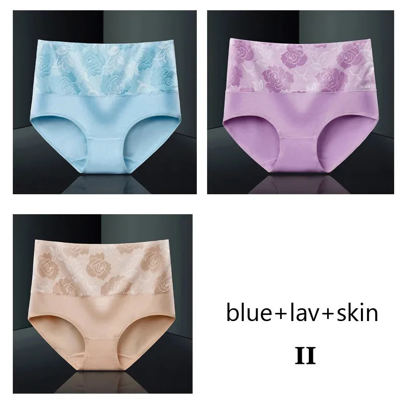 Plus Size L-5XL Women's Briefs Underwear Cotton High Waist Tummy Control Panties Rose Jacquard Ladies Panty Multipack