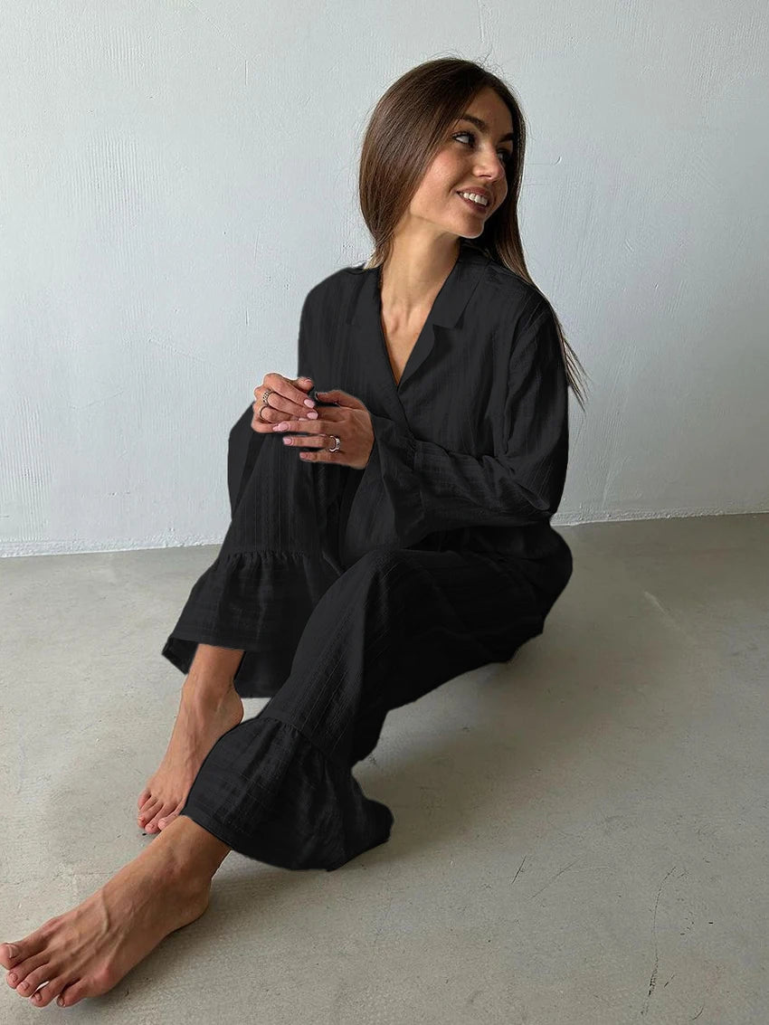 Women Cotton Pajamas - Long Sleeve Nightwear Set With Turn-Down Collar & Loose Pants