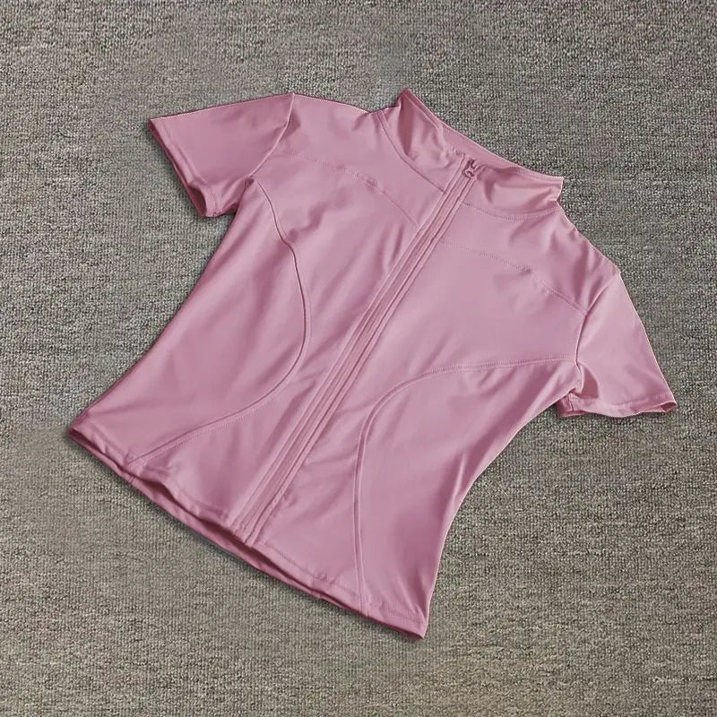 Summer High Quality Waist Slimming Training Tops Women's Quick-drying Tight Stand Collar Full Zipper Short Sleeves Yoga shirts