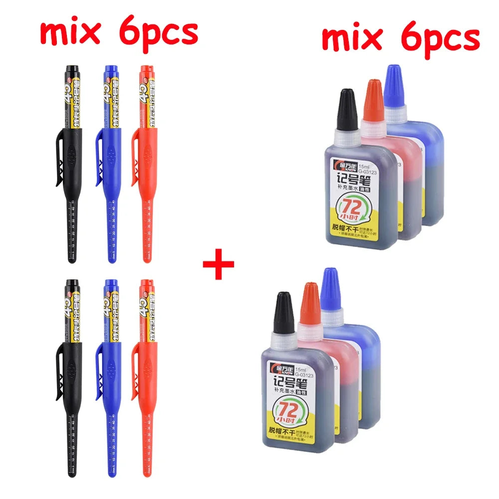 Multi-Purpose 45mm Deep Hole Marker Pens - Waterproof Long Nib Carpenter Pens for Woodworking and Bathroom Use