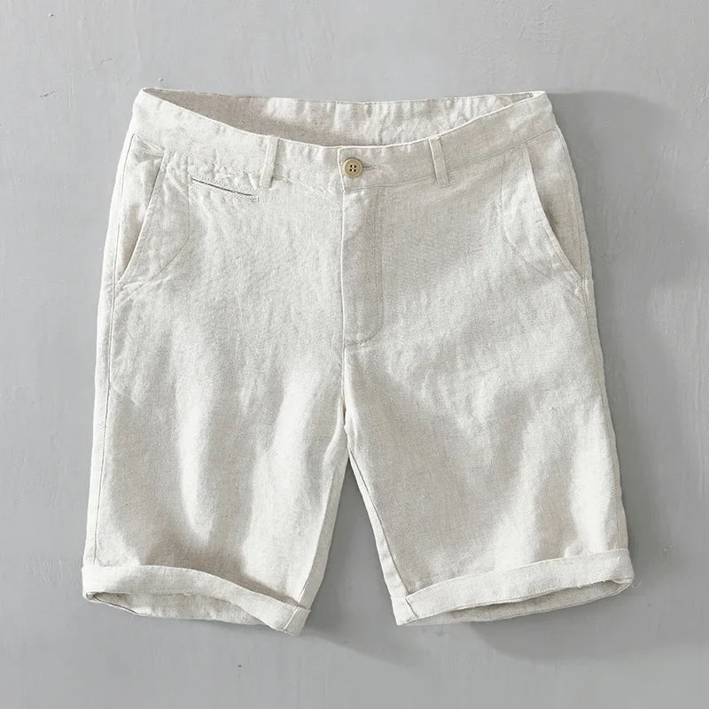 Linen Beach Shorts Mid Waist Men’s Summer Casual Business Straight Fit Pants