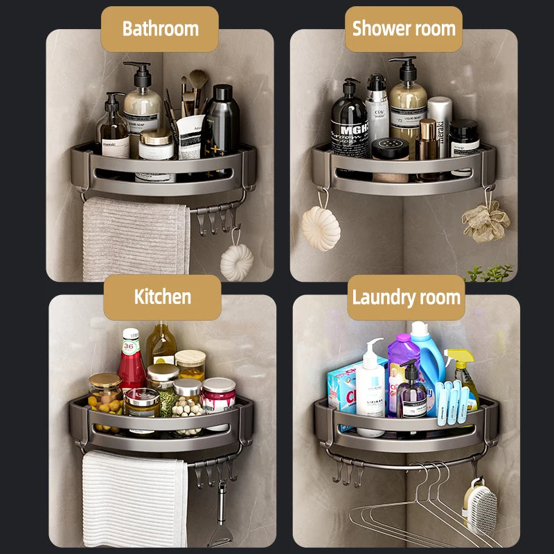 Aluminum Corner Shower Rack - Wall Mounted Bathroom Storage Organizer