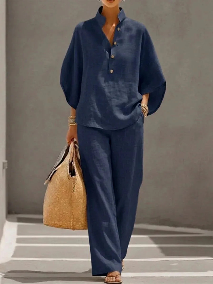 Fashion Cotton Linen Pant Set Women's Casual Stand Collar Button Top Wide Leg Trousers 2-piece Set Retro Female Office Suit