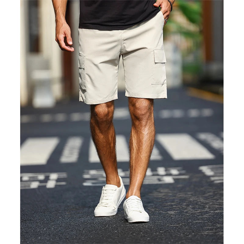 Mens Solid Color Cargo Shorts with Pockets Drawstring Waist Elastic Side Loose Fit Chino Summer Lightweight Trousers