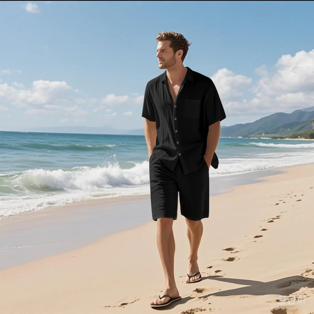 Summer Men's New Linen Loose-Fitting, Versatile, Comfortable, Breathable and Quick-Drying Beach Short-Sleeved Short Pants Set