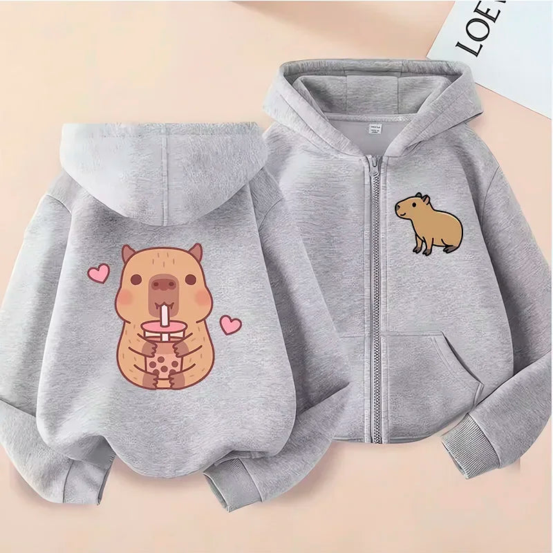 Kawaii Capybara Zip Up Hoodie - Childrens Manga Sweatshirt for Kids - ZOOMNSTORE