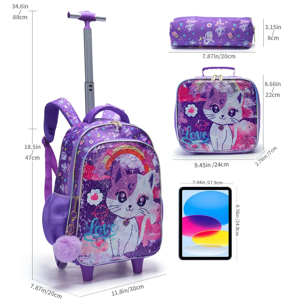 Rolling Backpack Set for Girls - Cute Cartoon Cat Wheeled Bookbag with Lunch Box Pen Bag - ZOOMNSTORE