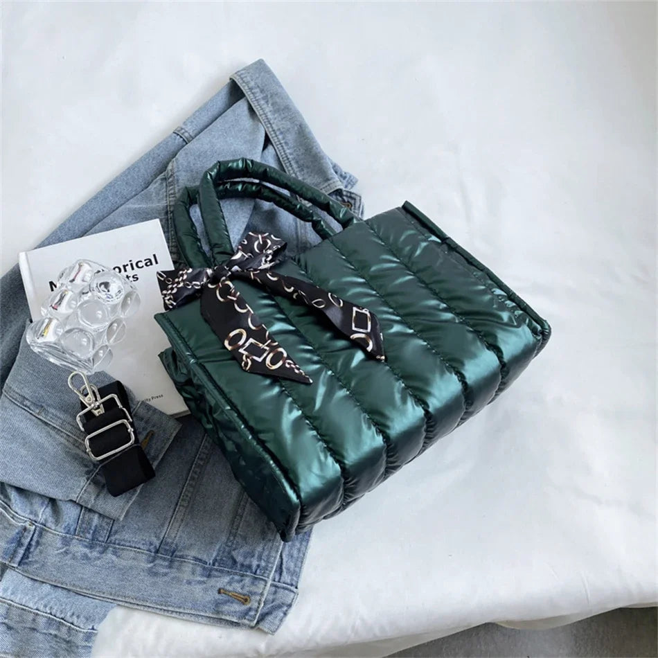 Women's Tote Bag - Quilted Crossbody Padded Shoulder Tote with Silk Scarf Accent