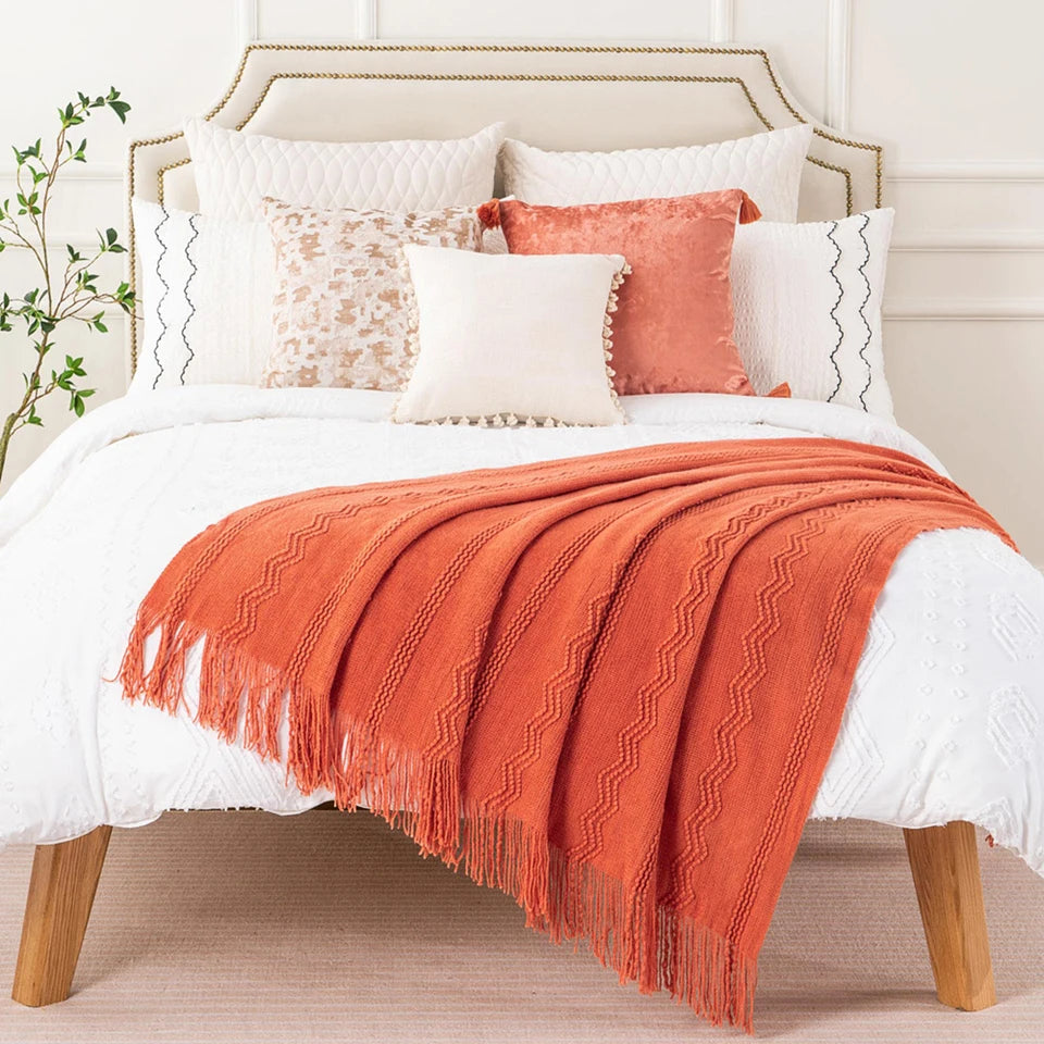 Caramel Knit Throw Blanket - Lightweight Plaid Blanket for Couch and Bed
