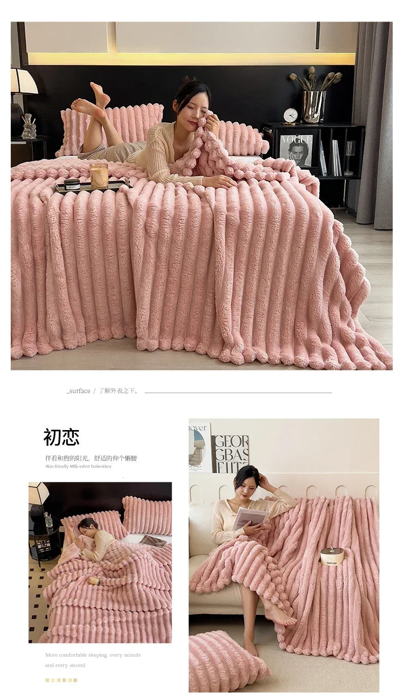 Artificial Rabbit Plush Blanket - Soft Coral Fleece Throw for Bed Sofa - ZOOMNSTORE