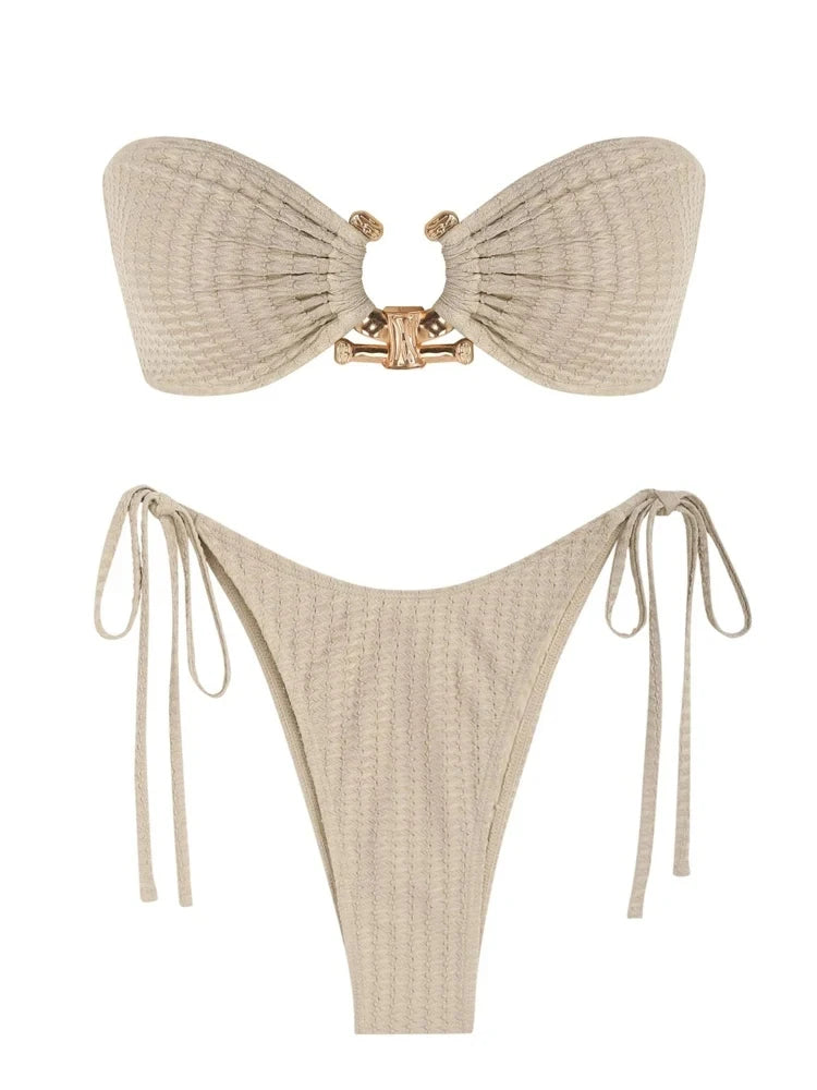 Shiny O Ring Bandeau Bikini - Womens Low Waisted Swimsuit with Padded Bra - ZOOMNSTORE