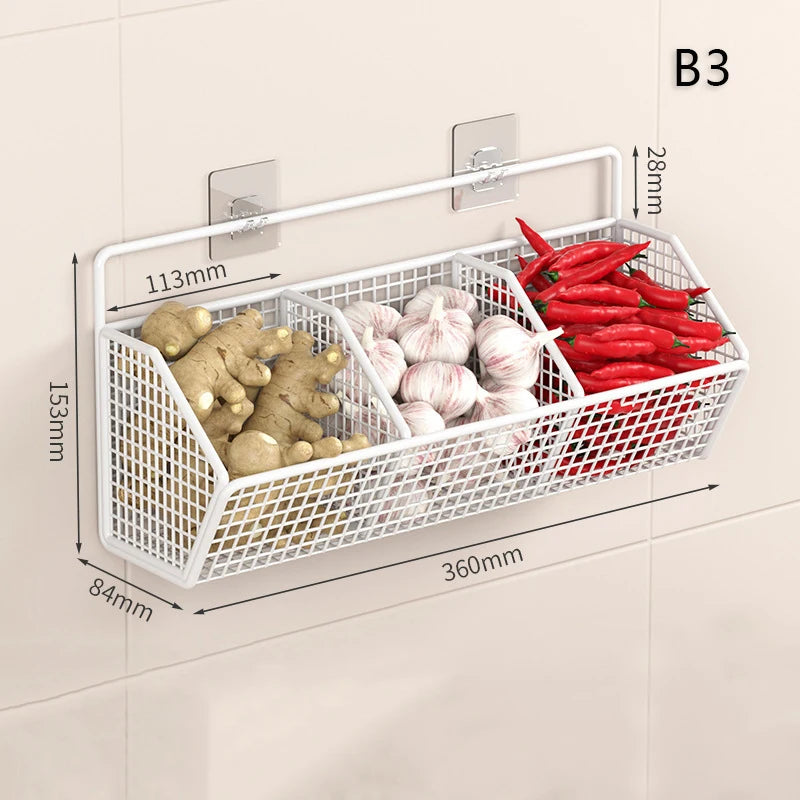 Wall Mounted Storage Rack - Multi Compartment Kitchen Shelf for Onion, Ginger & Garlic Organizer