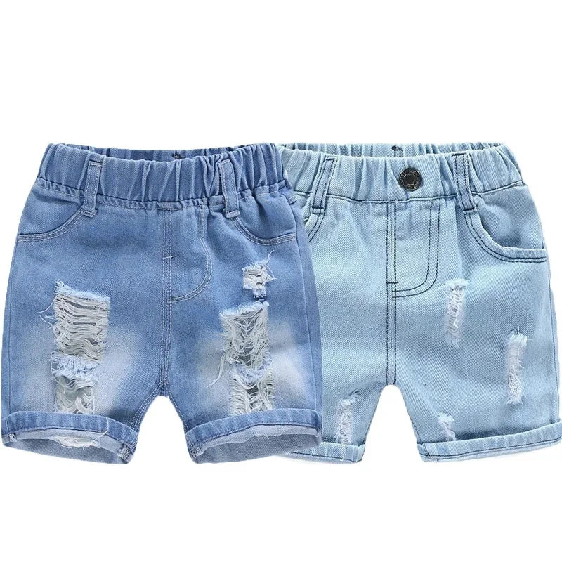 Kids Denim Boy Shorts - Casual Torn Jeans Knee Length Elastic Waist Fashion Trousers 2-8Y