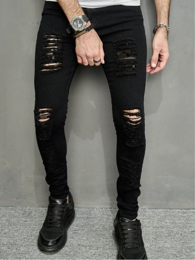 Men's Black Ripped Skinny Jeans, Slim Fit Stretch Denim Pants, Streetwear Biker Style Casual Trousers for Men